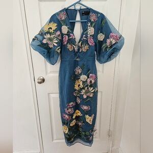 ASOS open back and puff sleeves midi dress in blue with embroidery. Size 2